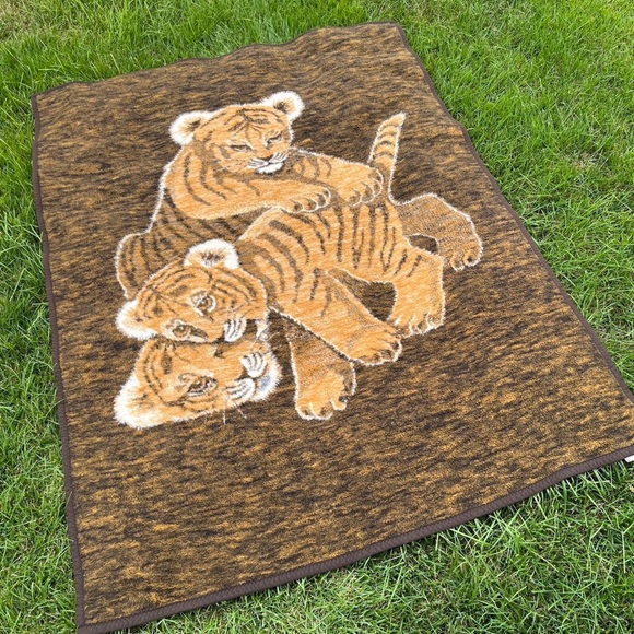Biederlack three tiger cubs playing biting laying down fleece blanket made USA